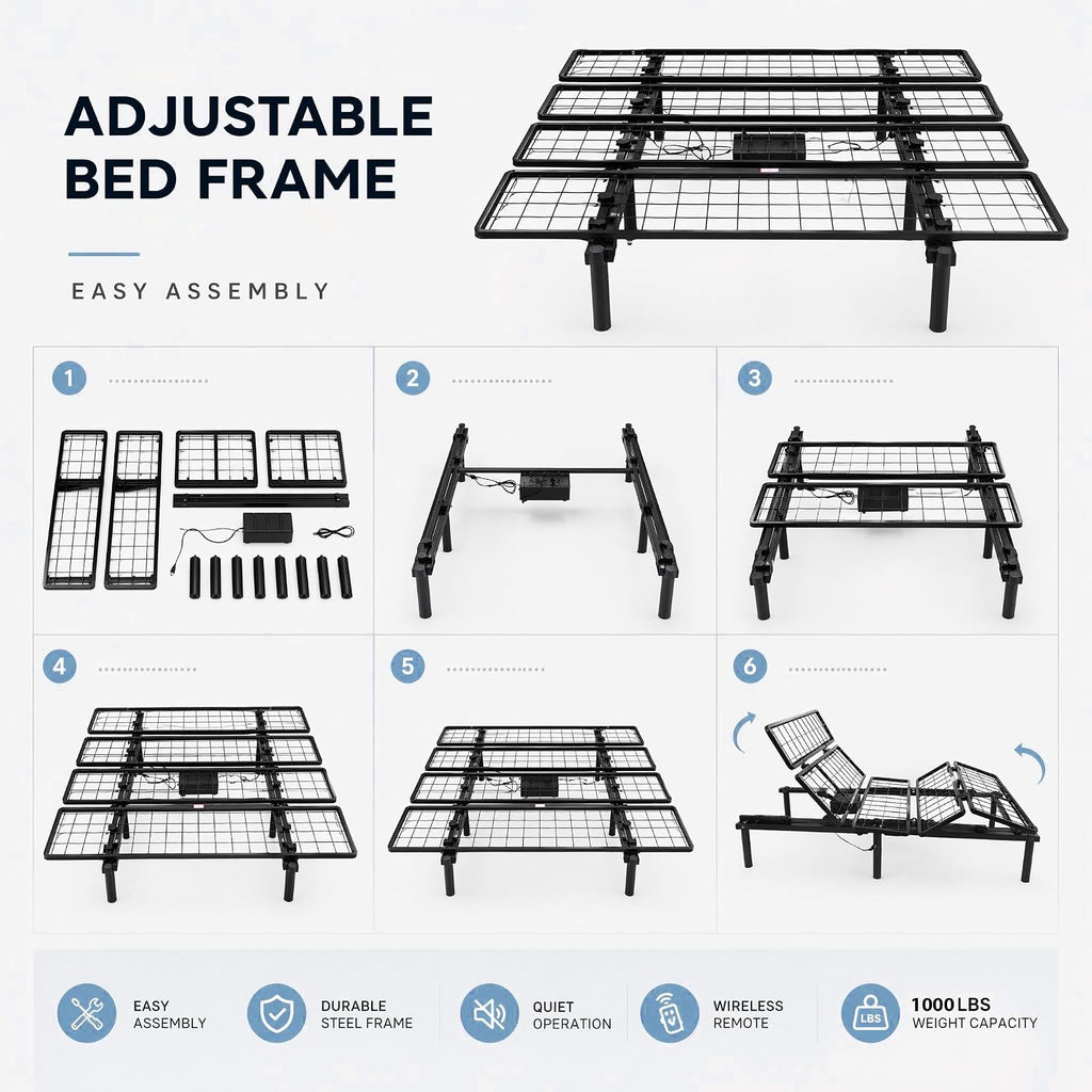 Electric Adjustable Bed Frame with Remote, Head & Foot Incline Base, Queen