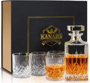 Whiskey Decanter And Glasses Set in Unique Gift Box - Original Crystal Liquor Decanter Set For Bourbon, Scotch - Set of 5