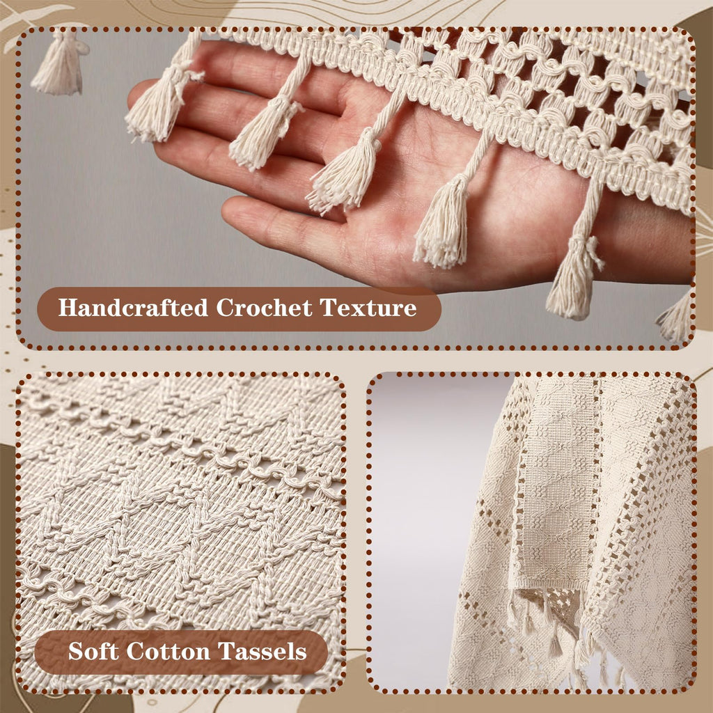 Boho Cotton Handmade Crochet Lace Tablecloth, Beige Round Table Cover