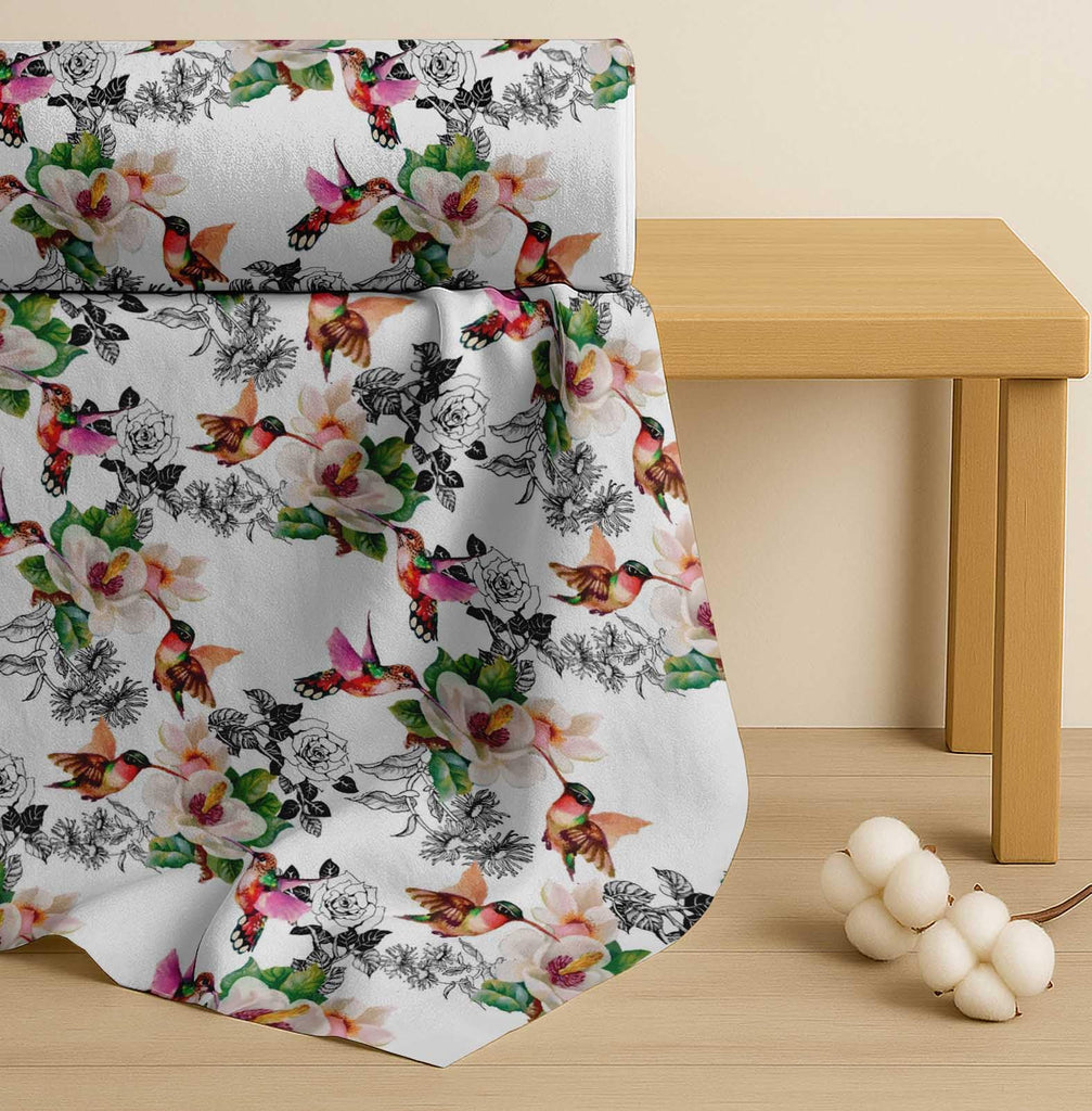 Cotton Poplin White Fabric - by The Yard - 42 Inch Wide - Hummingbird, Leaves & Flower Floral Textile - Playful and
