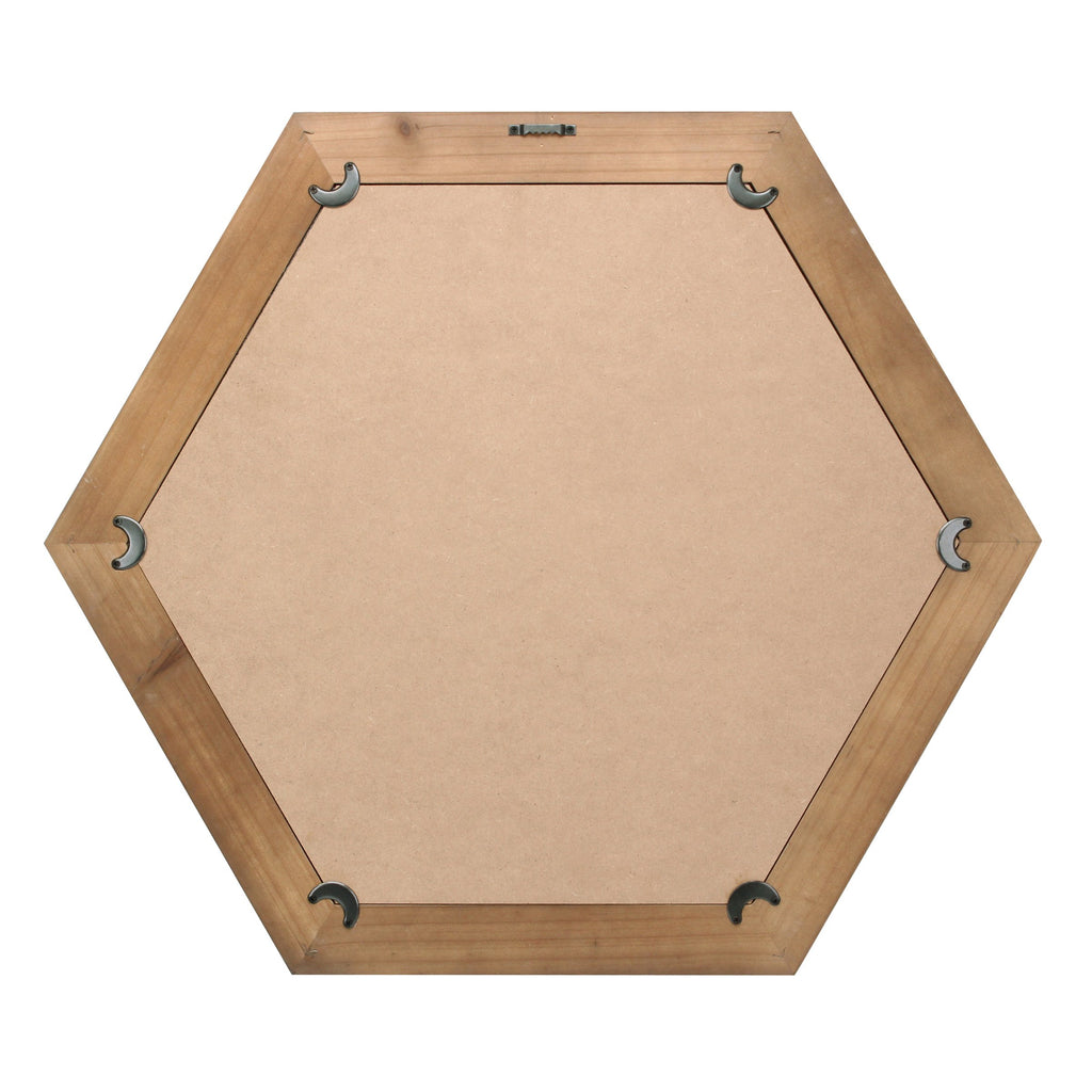 Decorative 24" Hexagon Hanging Wall Mirror with Natural Wood Frame and Attached Hanging Bracket, Rustic Farmhouse