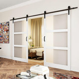 Double Sliding Barn Door,84in(Double 42”×84in Frosted 3 Panel Glass Barn Door,Water-Proof PVC Surfac