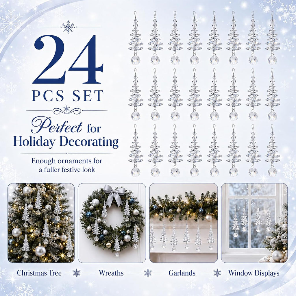 Christmas Tree Decoration Crystal Hanging Ornaments - Set of 24