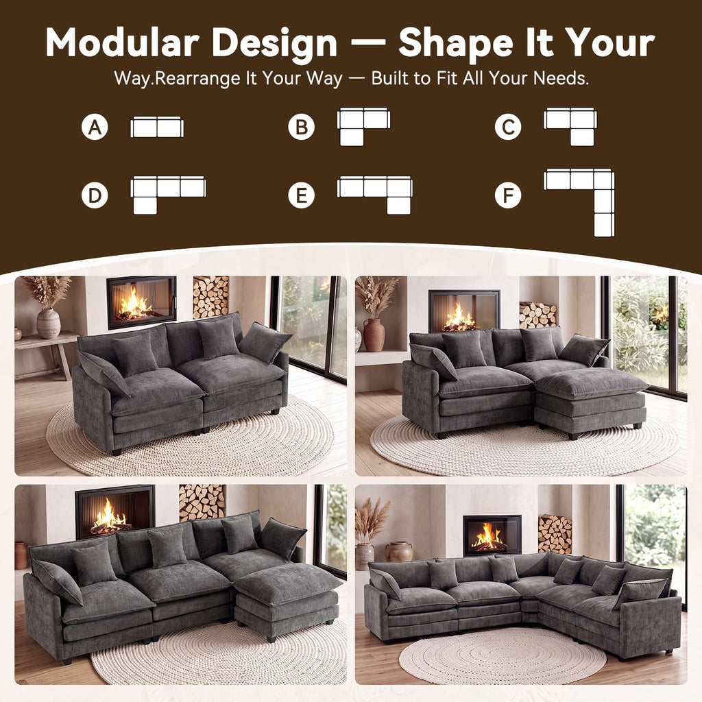 111.4" L‐Shaped Cloud Sectional Sofa Couch, Reversible Chaise, Grey