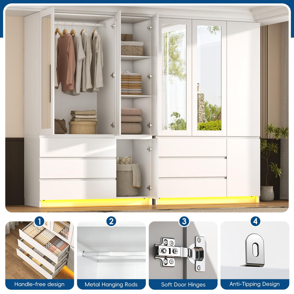 75" Tall Modern Wardrobe Closet with 2 Mirrors, LED Lights, 47"W Armoire Wardrobe Cabinet with 3 Drawers, Hanging