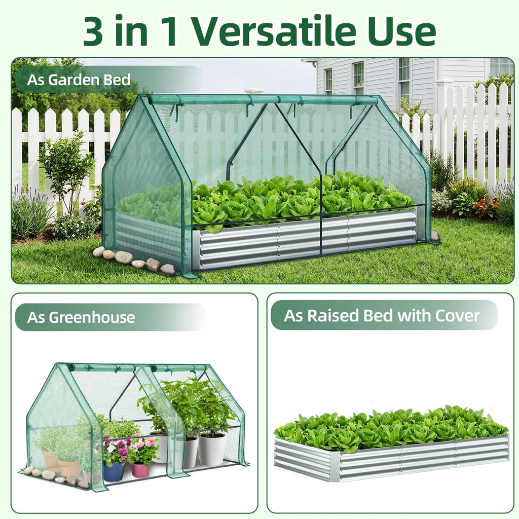 8x4x1 FT Raised Garden Bed Outdoor with Cover, 3-in-1 Gardening Set | PE Greenhouse Cover, 4 Doors for Ventilation