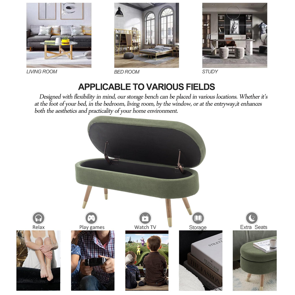 Oval Storage Bench 43.5" Ottoman Bench Upholstered Boucle Fabric Footrest Bench with Golden Metal Legs End of Bed