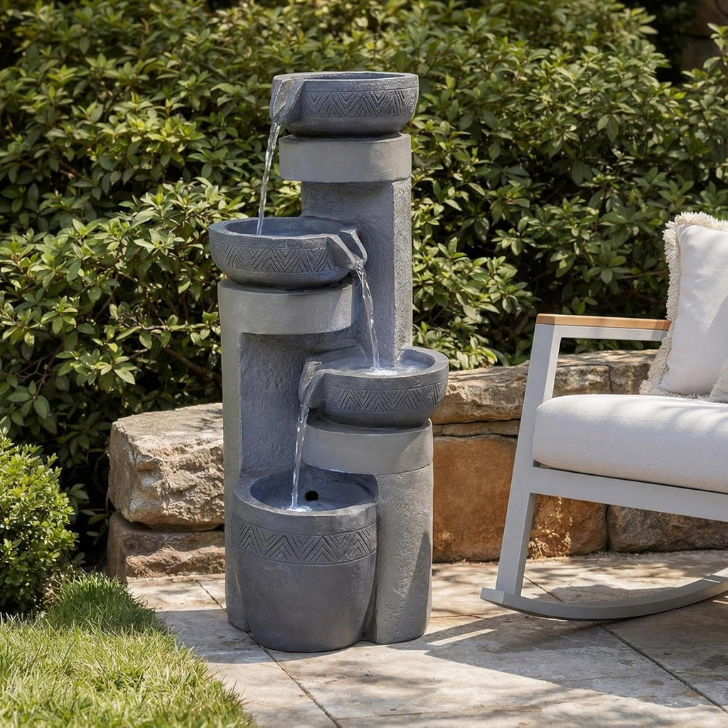 28" Outdoor Water Fountain with Led Lights, 4-Tiered Owl & Calla Lil Water Fountain, Outdoor Garden Waterfall Decor