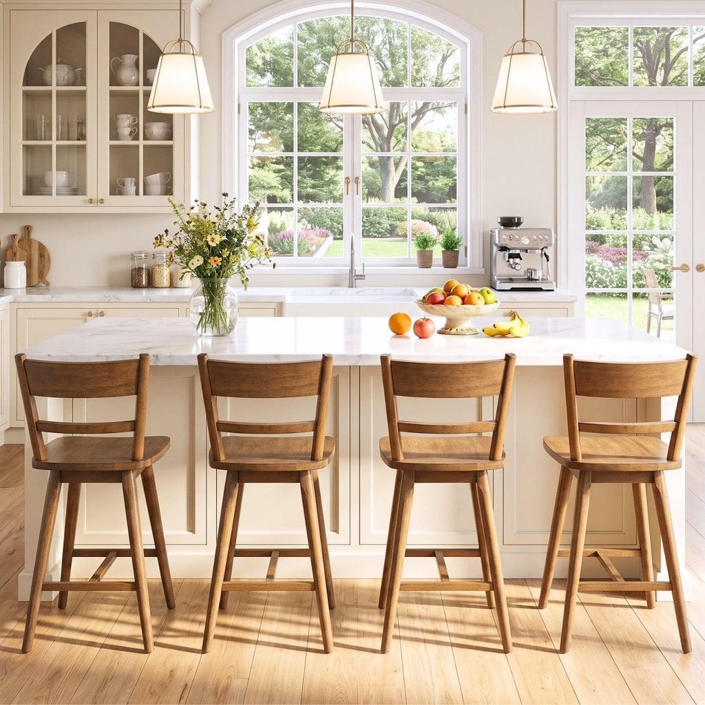 Swivel Counter Stools Set of 6, 24.5" Counter Height Solid Wood Bar Stools with Back & Wood Seat, Walnut Finish, Mid