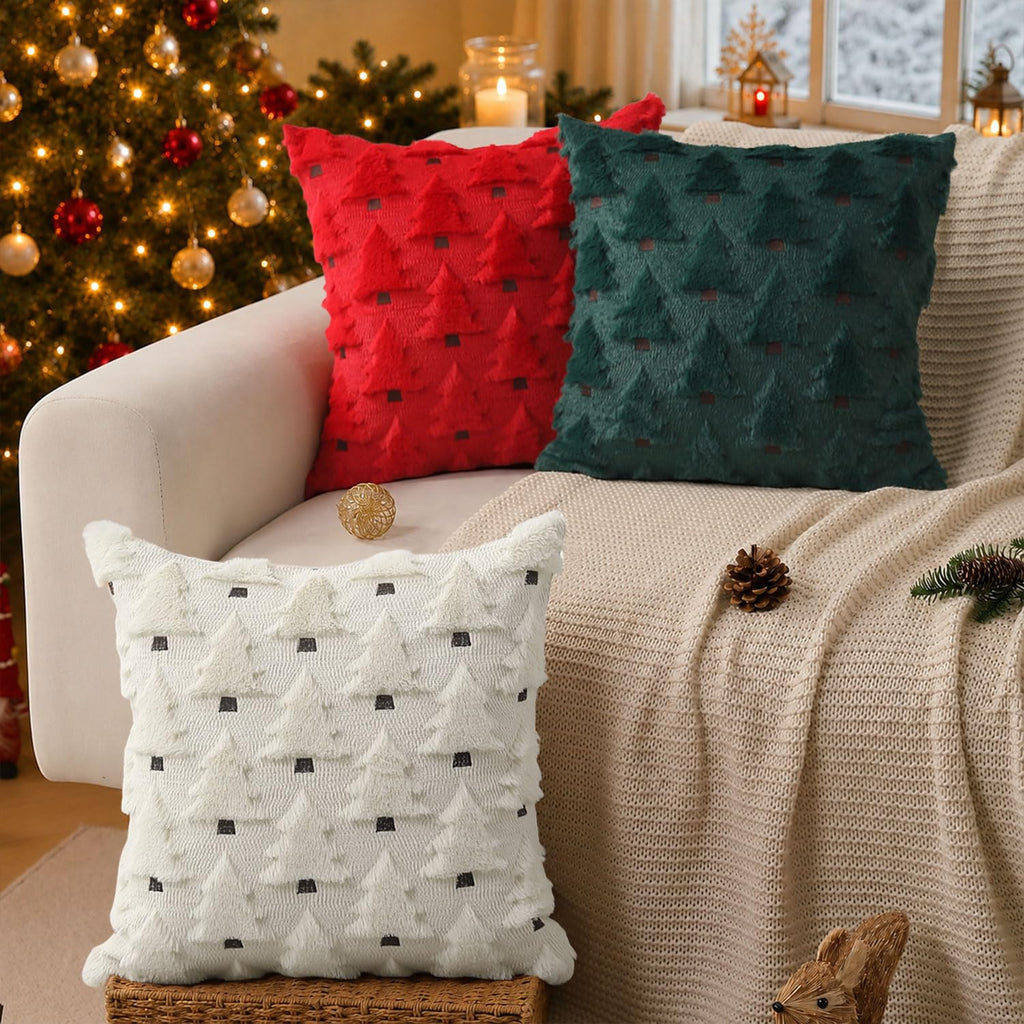 Christmas Pillow Covers 20x20 inch Set of 2 Christmas Decorations Soft Plush Faux Fur Wool Cream White Christmas Tree