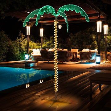 7FT Lighted Palm Tree, Outdoor Artificial Palm Tree with Lifelike Leaves and Rope LEDs for Outside Patio Pool Yard
