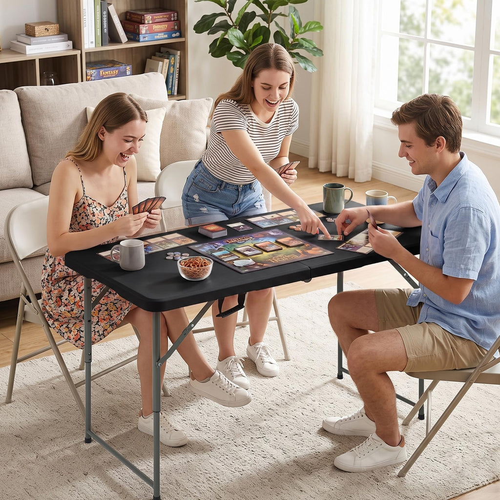 4ft Folding Table, Adjustable Height Plastic Foldable Table, Black
