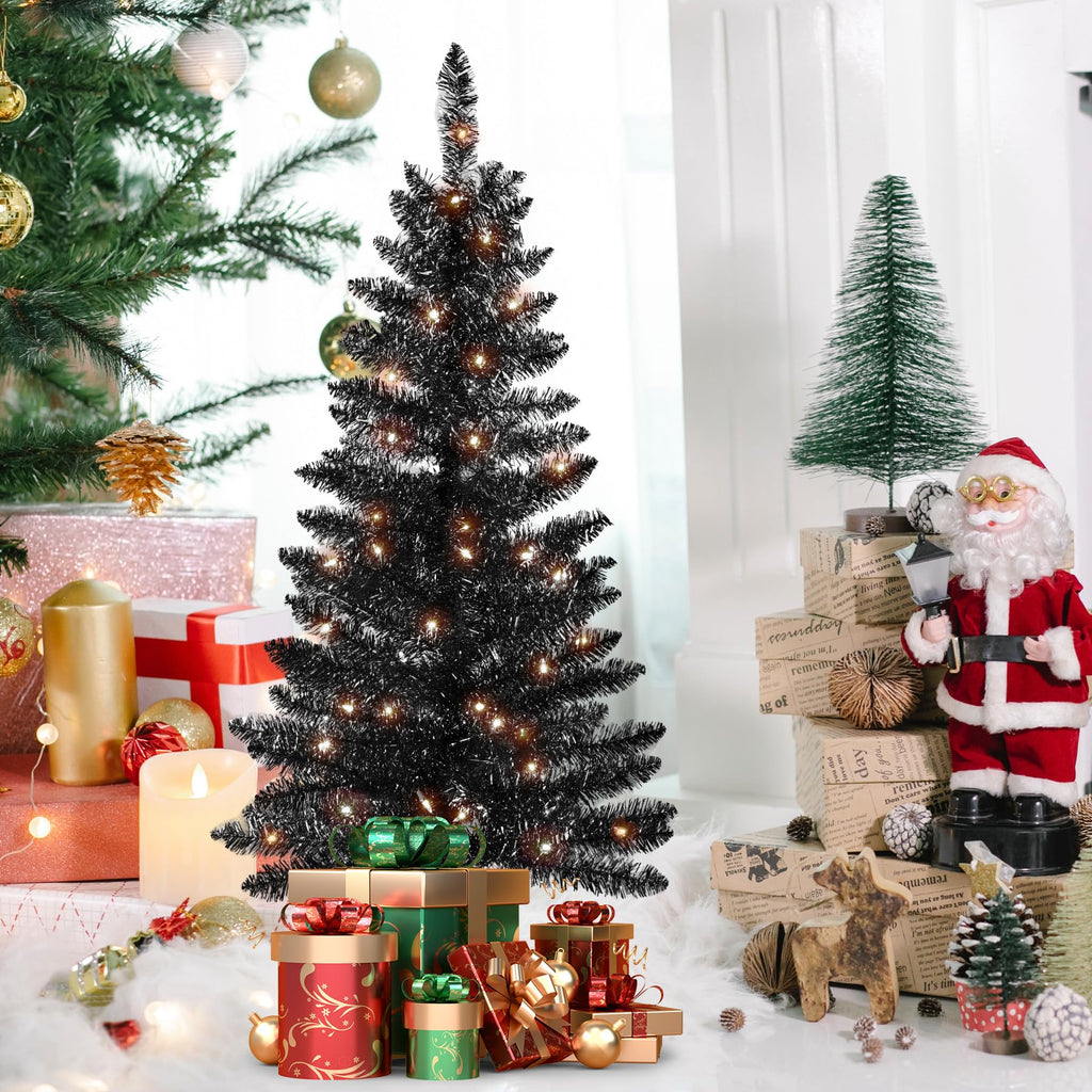 4ft Artificial Full Black Christmas Tree with Separate Lights, Not Pre-lit Mini Black Tinsel Pine Christmas Tree, 50