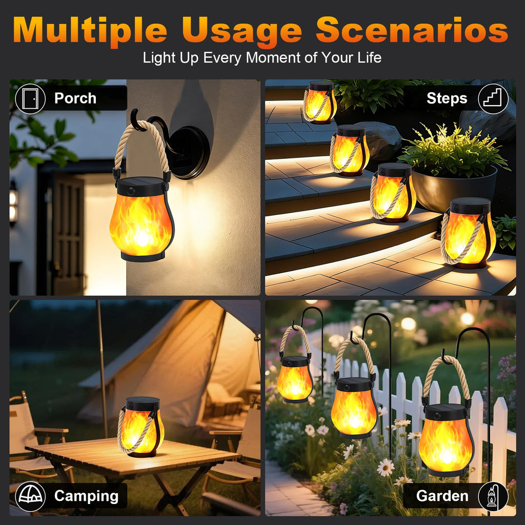 Solar Lanterns Outdoor, Ultra-Realistic Flickering Flame, USB & Solar Charging, 2 Lighting Modes, Waterproof Hanging