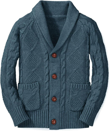 Boy's Sweater Cardigan Button Down Shawl Collar Cable Knitted Outwear Sweater Coats with Pockets