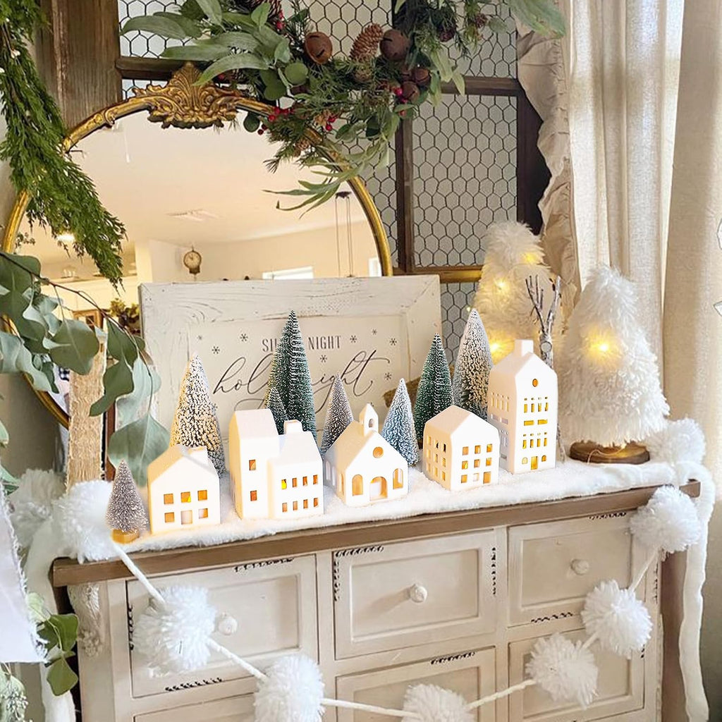 Christmas Decorations - Village Sets of 5 Lighted Ceramic Houses & 9 Trees