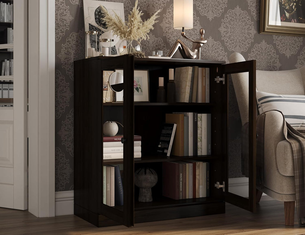 Solid Wood Bookcase - 3 Tier Bookshelf - 32" Wide - Espresso, Short Bookcase, Display Cabinet with Glass Doors &
