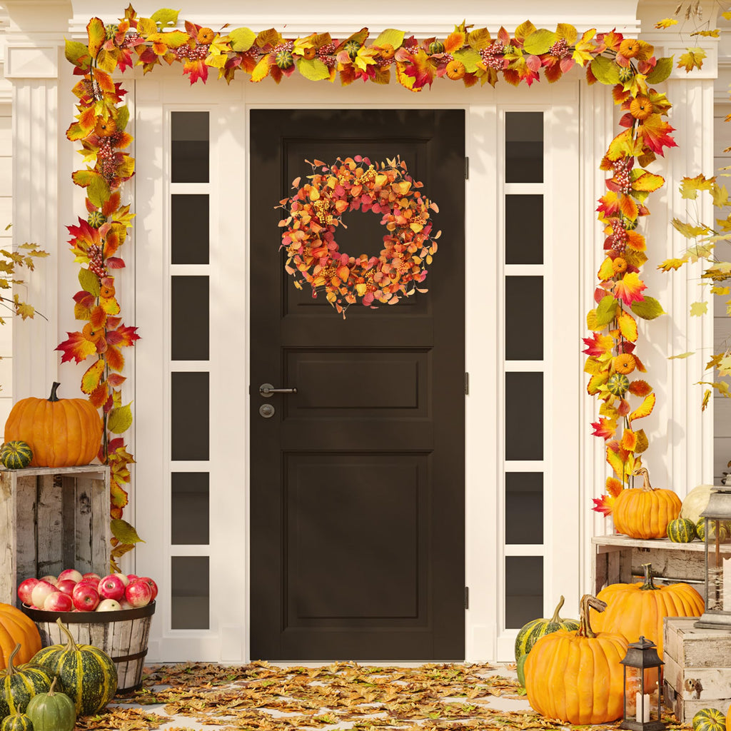 Artificial Fall Wreath 20'' Autumn Front Door Wreath with Eucalyptus Leaves Berries Small Pumpkins Lantern Fruit for
