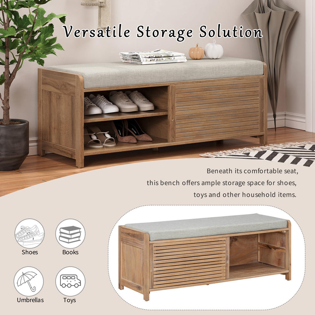 Shoe Storage Bench with Cushion, 2-Tier Entryway Bench with Sliding Shutter Doors, Farmhouse Style, 43.3" W x 15.4"