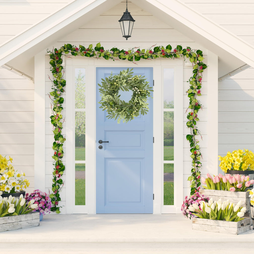 Green Eucalyptus Wreaths for Front Door Spring Summer Wreath with Eucalyptus Leaves, Olives Leaves, Mixed Berry for
