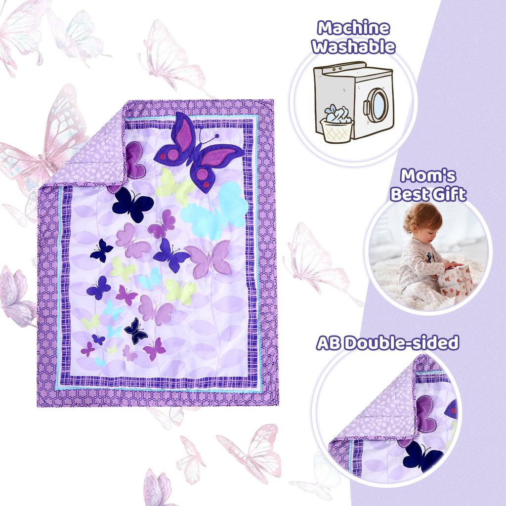 Butterfly Mini Crib Bedding Set, 3 Piece Baby Bedding Set Butterfly, Mini Crib Nursery Bed Set, Breathable and Soft