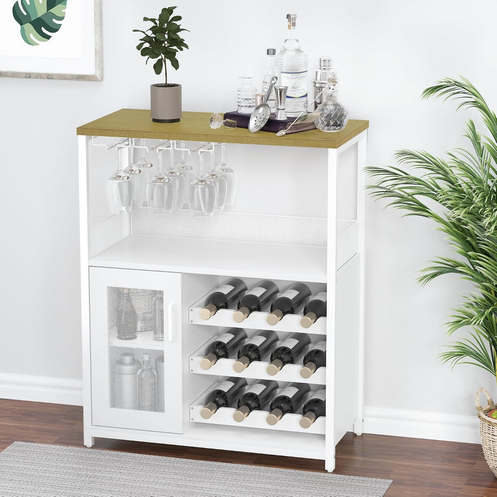 Wine Bar Cabinet with Detachable Wine Rack and Storage Space | 3-Tier Buffet Cabinet with Glass Holder and Mesh Door