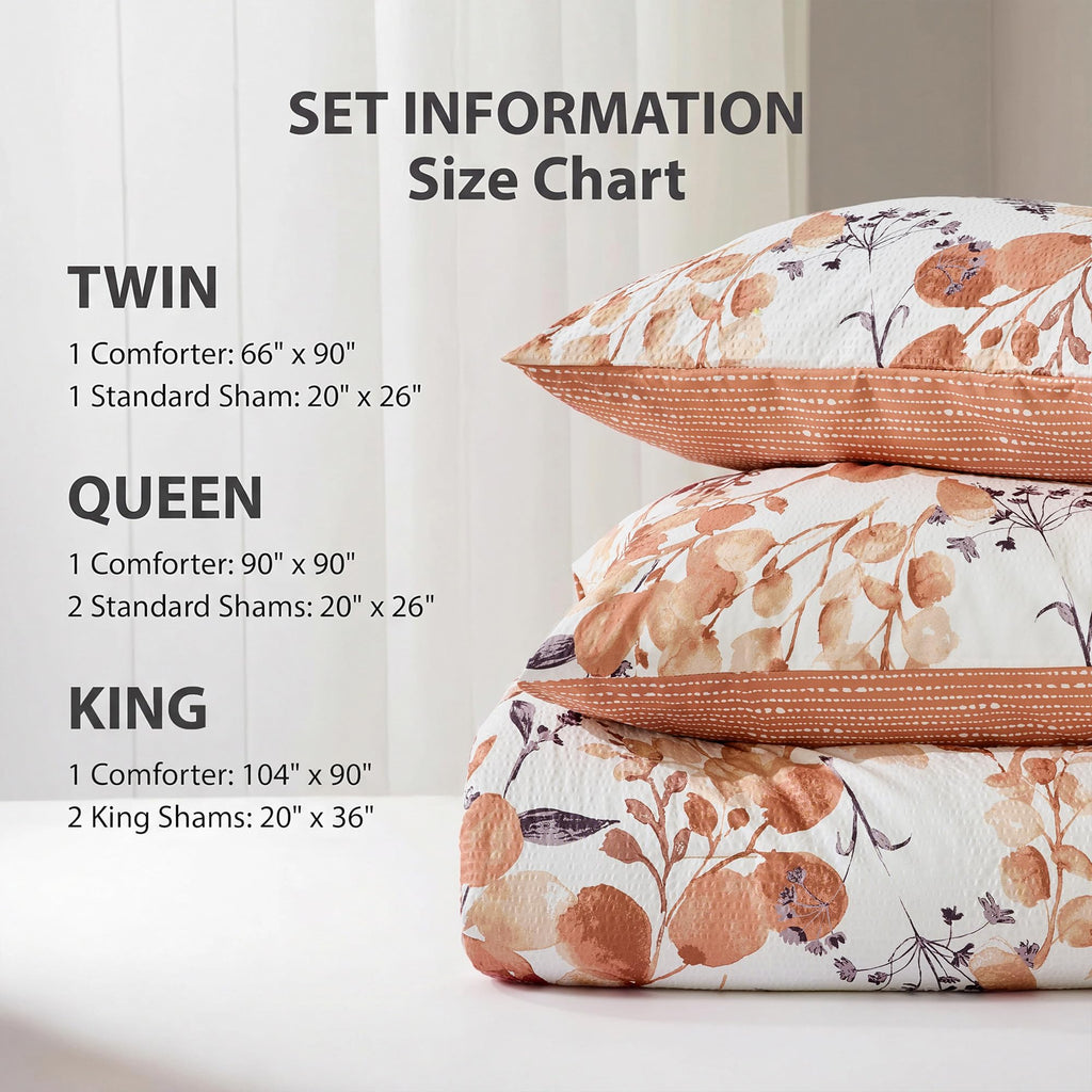 Lightweight Seersucker Botanical Comforter Set, 2 Pieces Reversible Design with Striped Print, Premium