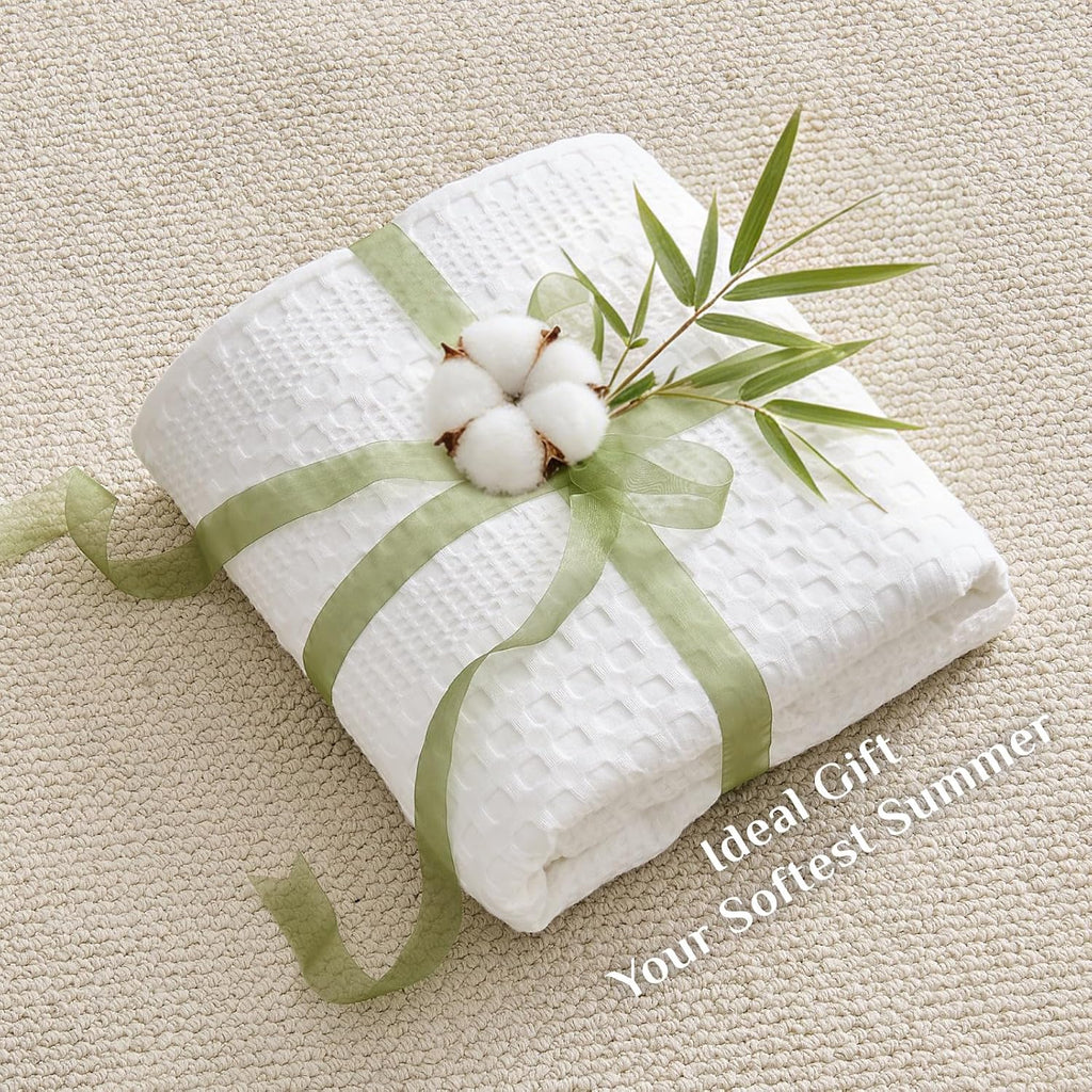 White Cooling Waffle Summer Blanket Queen Size for Bed, 90x90 Inch | 45% Cotton and 55% Rayon Derived from Bamboo
