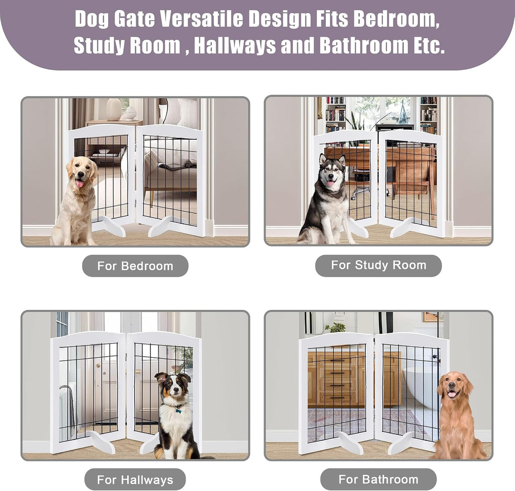 2-Panel Freestanding Adjustable Wooden Dog Gate-30" Tall Foldable Pet Barrier with Support Feet, Solid Hardwood &