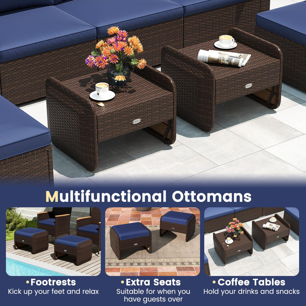Wicker Outdoor Ottomans - 2-Piece Rattan Footstools w/Removable Cushions, 3-in-1 Multipurpose Footrest, Additional