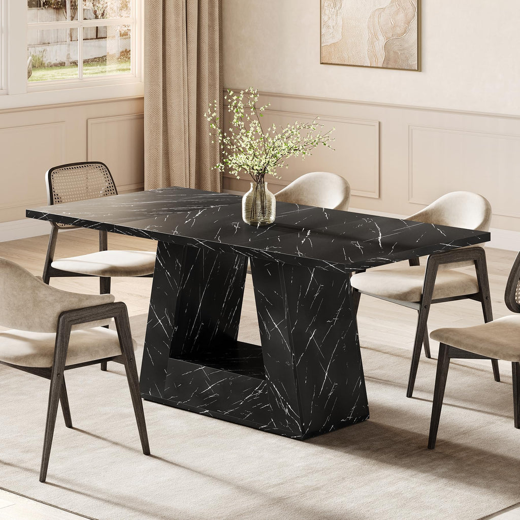 Inspired Saarinen Style Dining Table for 4-6 People, 63 Inches Dining Room Table with Wooden Triangle Pedestal Base, Black Faux Marble