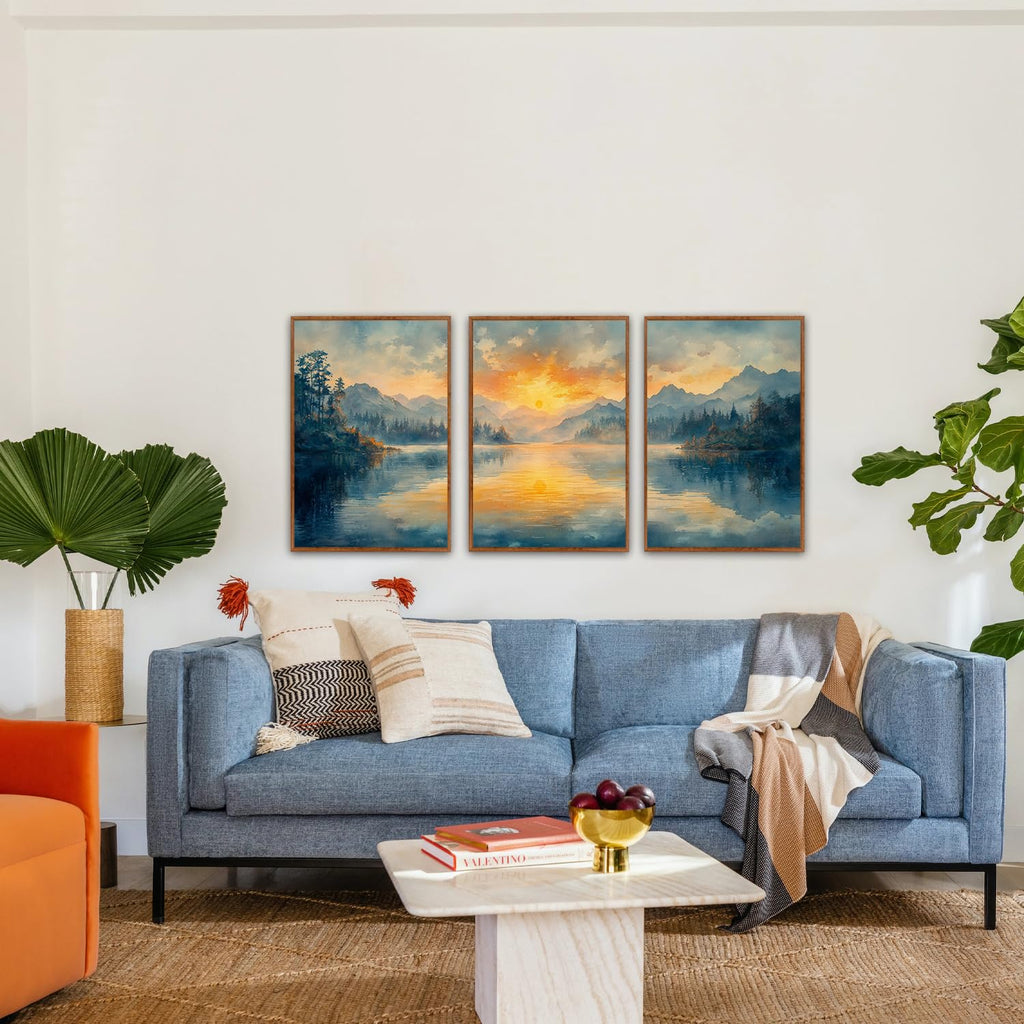 Mountain Lake Sunset Framed Wall Art Set of 3, 24x36 Landscape Decor