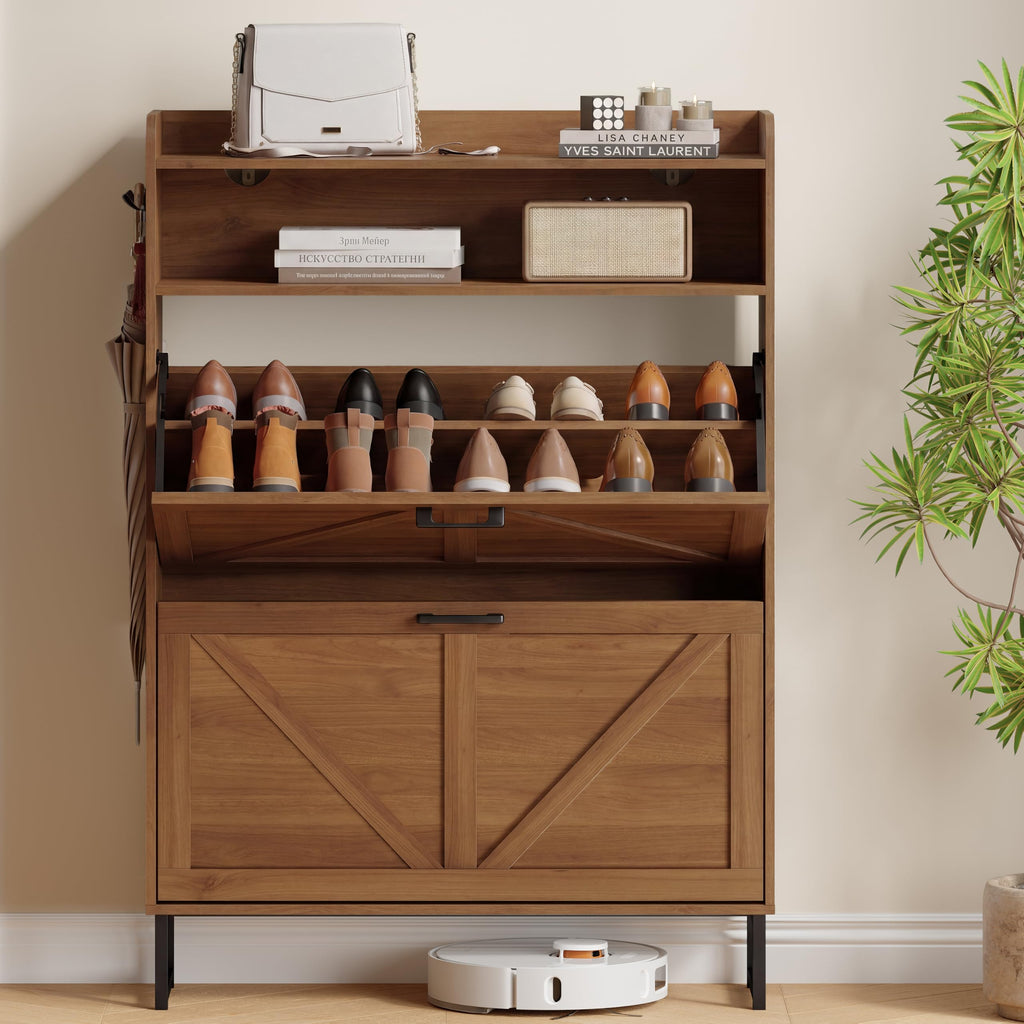 Shoe Storage Cabinet with 2 Flip Drawers, Entryway Shoe Rack, Walnut