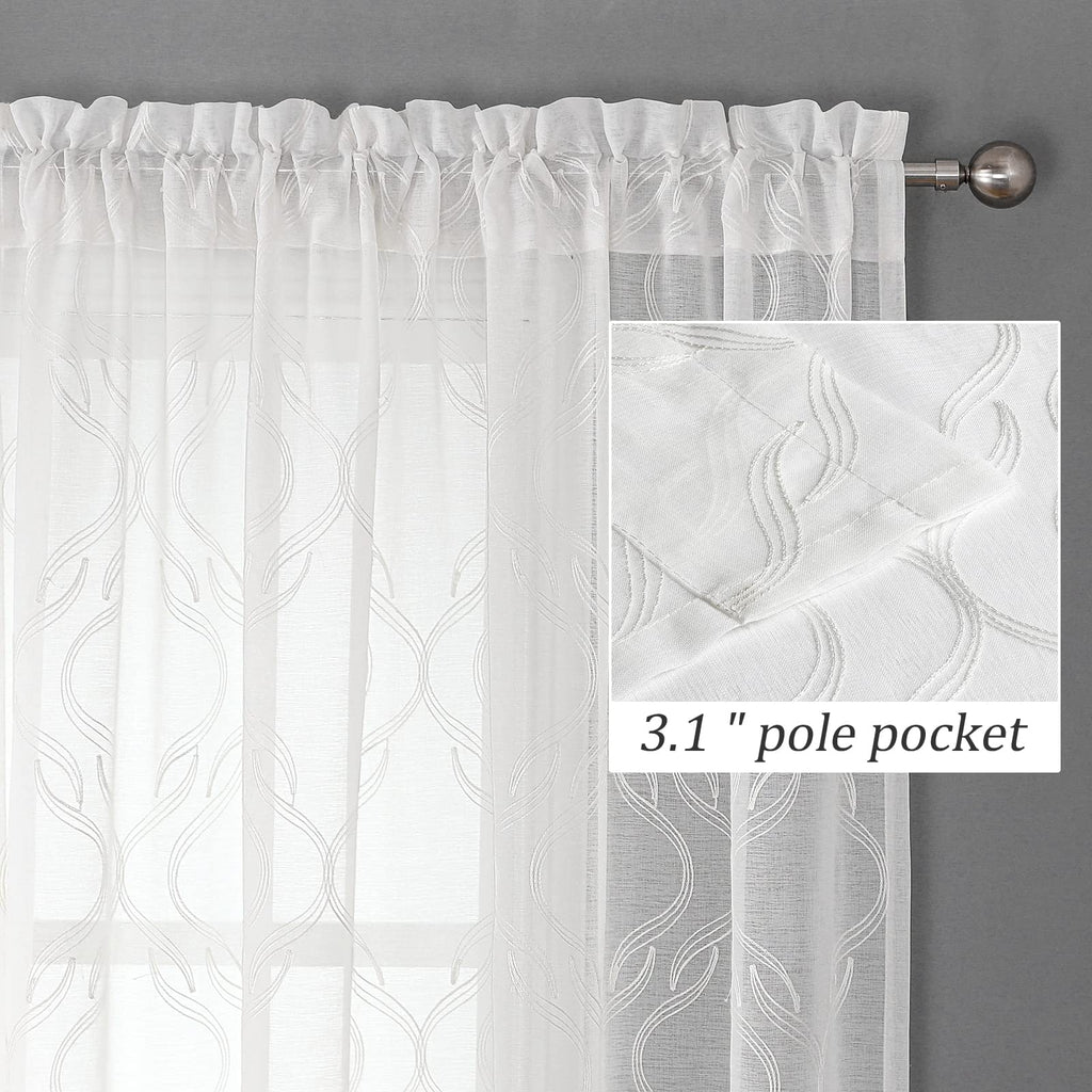 White Sheer Curtains Geometric Moroccan Embroidered 63 Inches