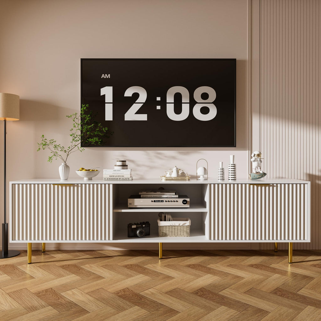 70" White Fluted TV Stand with Sliding Doors & Storage