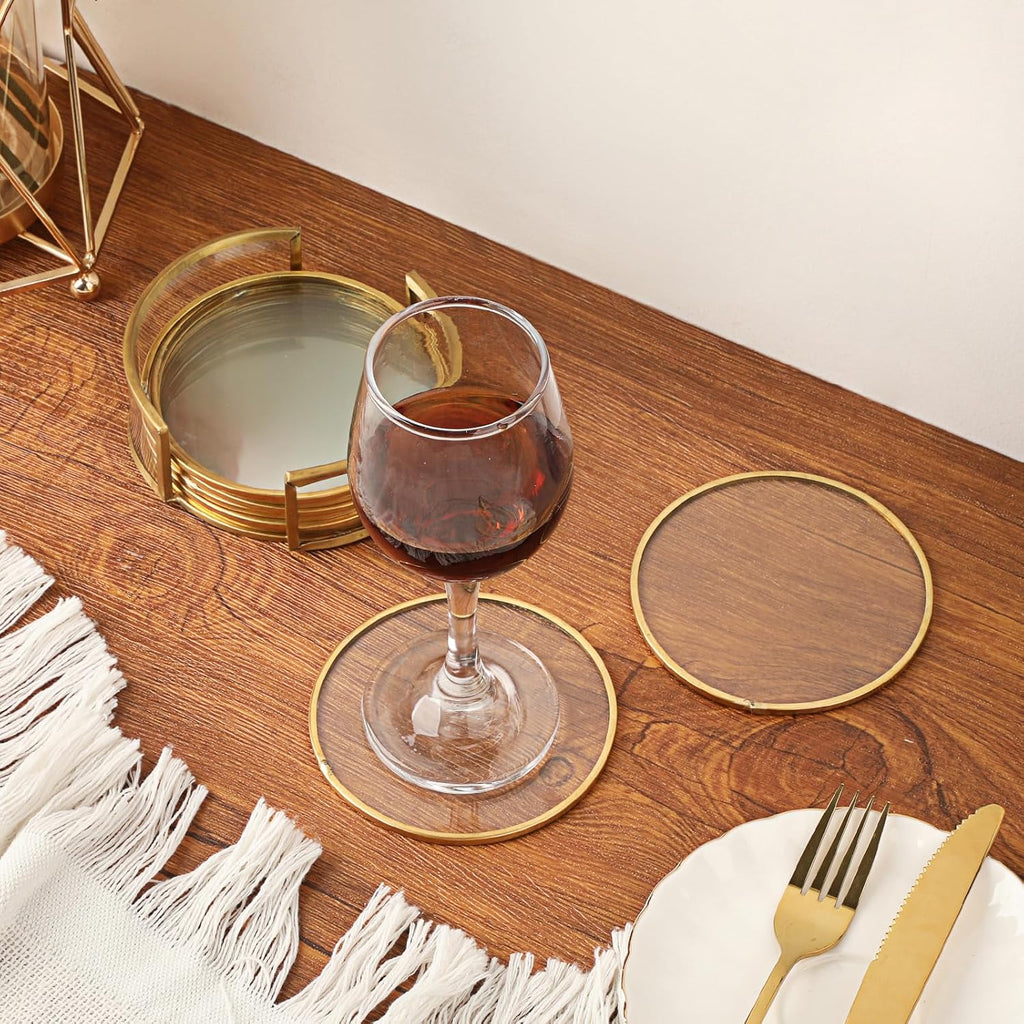 Glass Coaster Drink Coasters with Holder, Gold Brass-Coated - Set of 8
