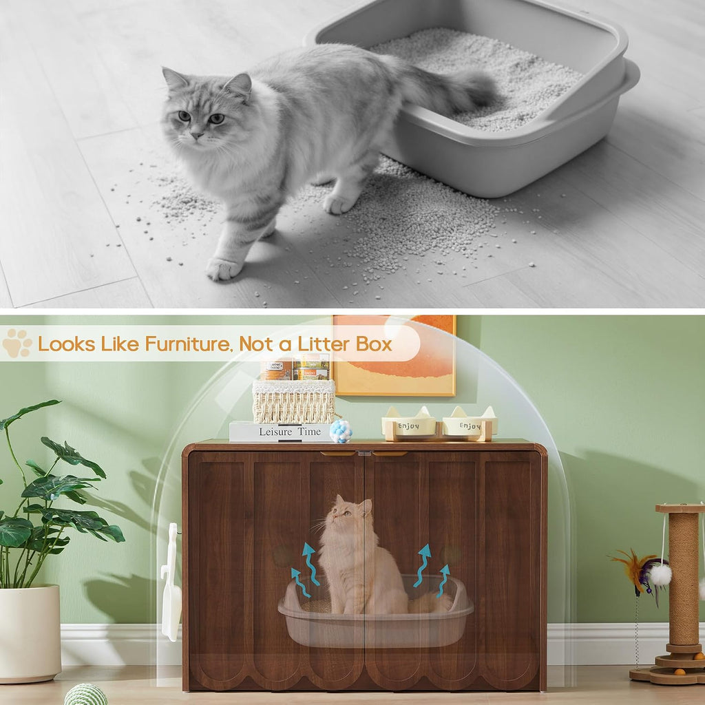 Cat Litter Box Enclosure Furniture, Hidden Cat Litter Box Cabinet with Scalloped Doors, Modern Cat House with Gold
