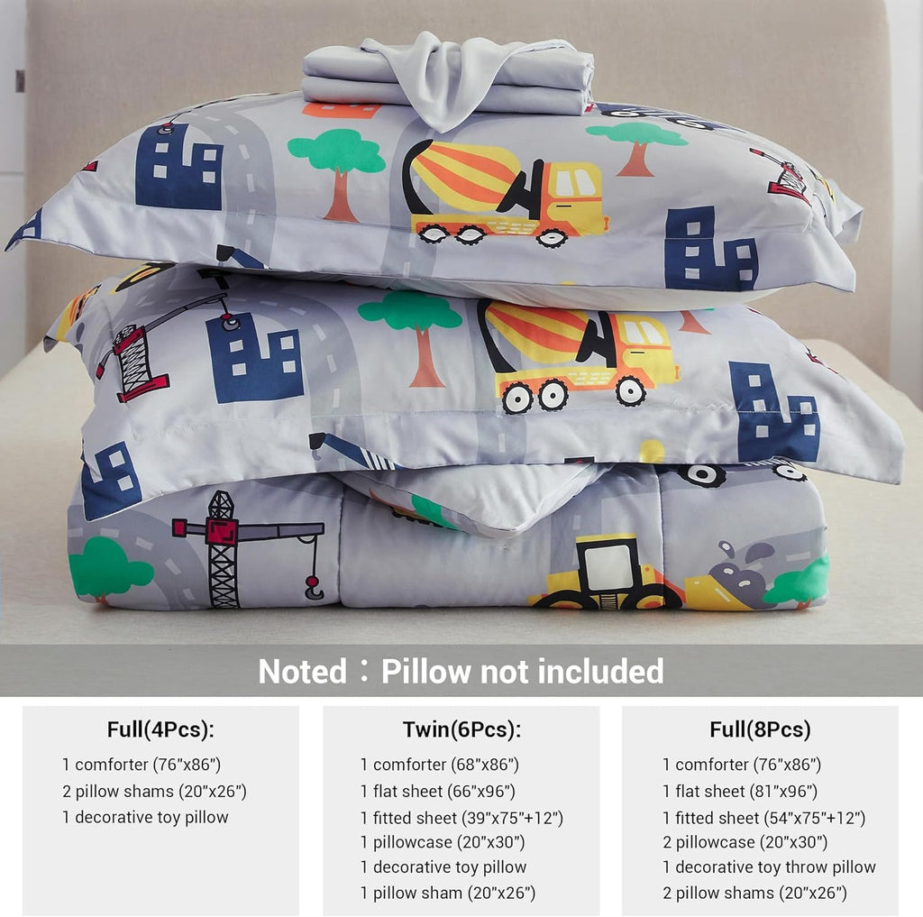 Kids Twin Comforter Sets for Boys 6 Pieces Excavator Grey Bedding Set for Teens Soft Microfiber Kids Bed in A Bag