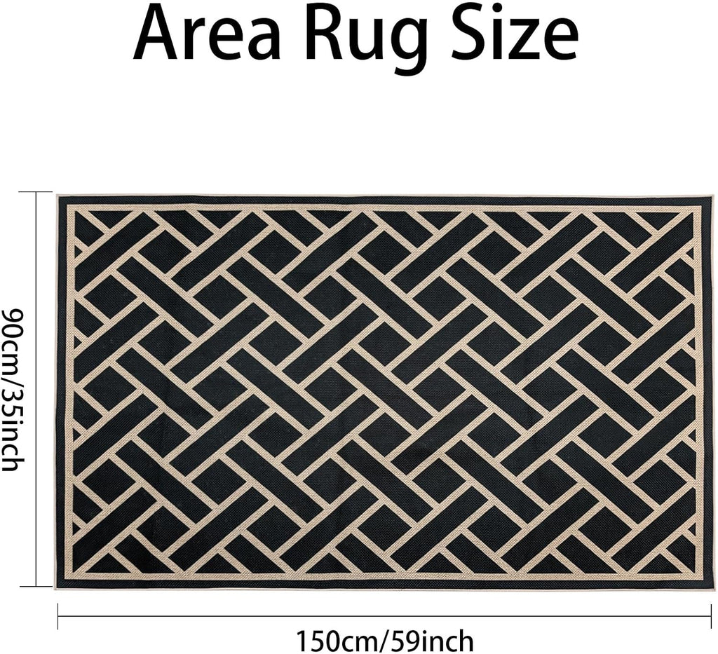 Easy Jute Outdoor Patio Rug Checkered Farmhouse Washable Rugs Indoor Outdoor Area Carpet Non Slip Black Living