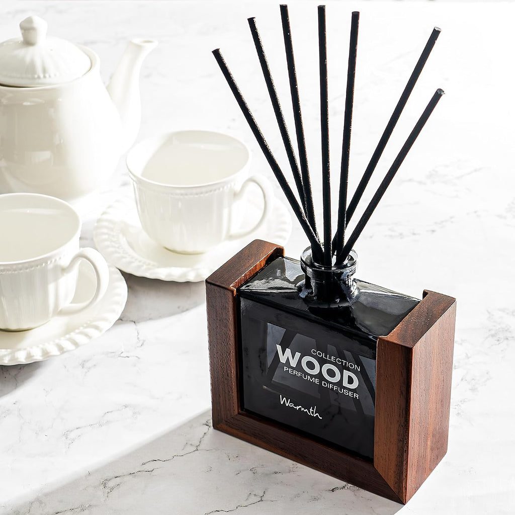 Luxury Reed Diffuser Set with Scented Sticks and Essential Oil Refill in Glass Bottle, Decorative Wooden Frame