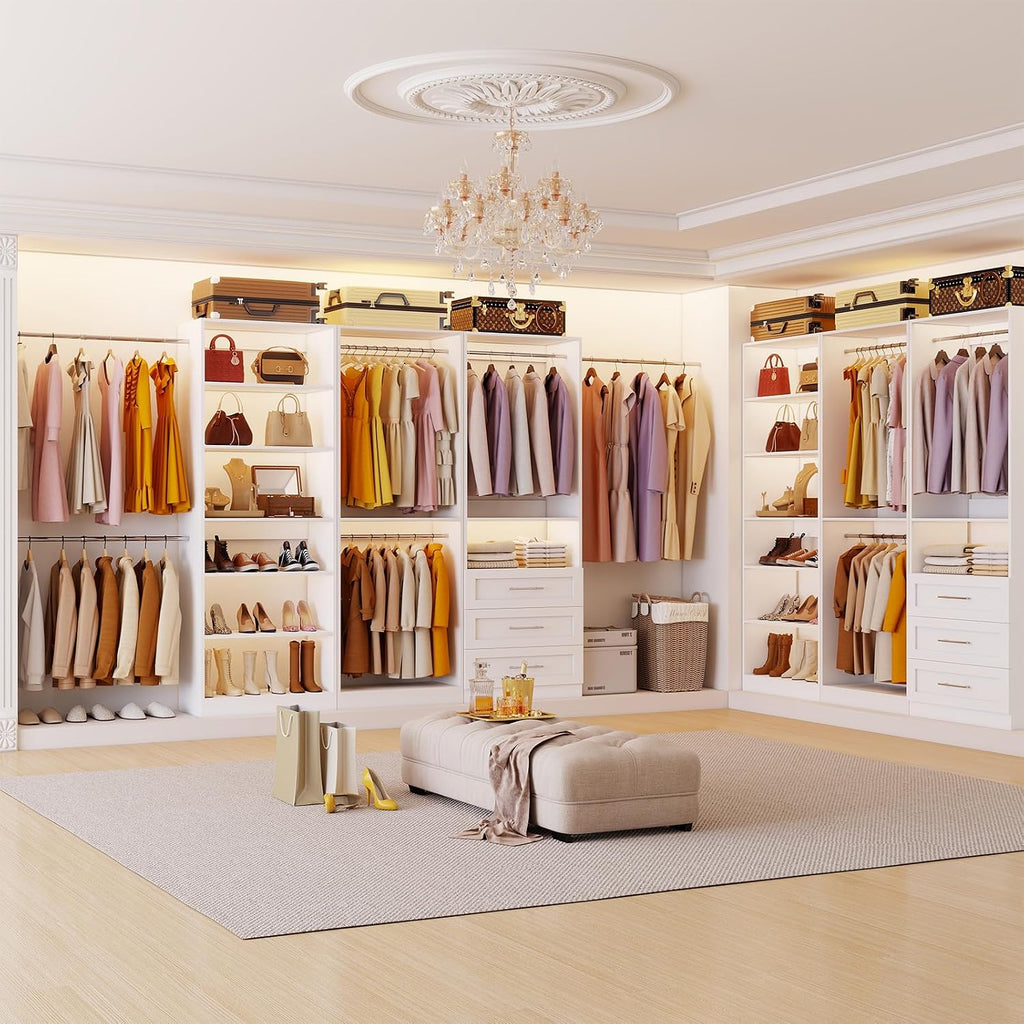 Closet System of 3 Sets, 6-15FT Closet Organizer System Wood with 3 Drawers & 7 Shelves, Walk in Closet Organizer