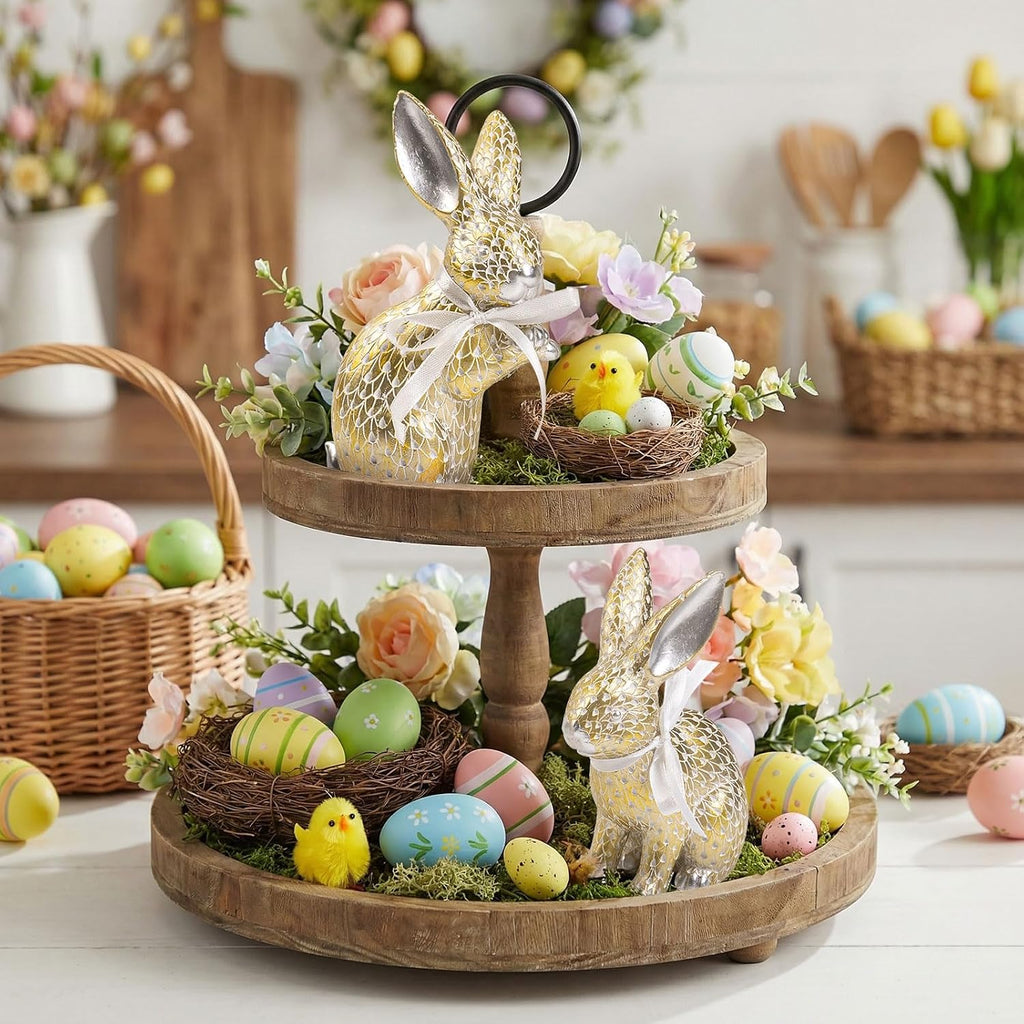 Easter Bunny Figurines, Spring Resin Gold Silver Rabbit Samll Statue Table Decor, Tabletop Centerpieces - Set of 2