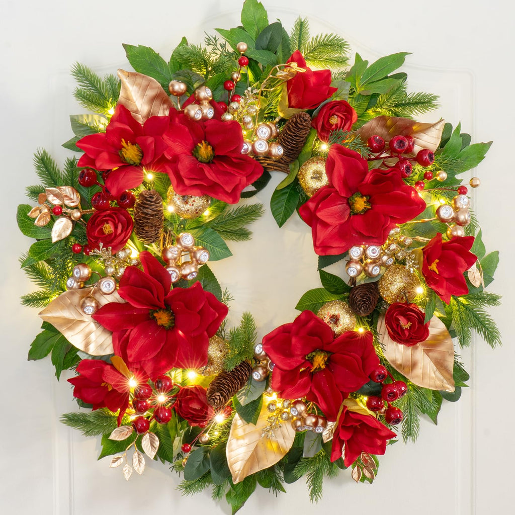 24 Inch Magnolia Christmas Wreath for Front Door, Christmas Wreath with LED Lights, Red Flowers, Red Berries