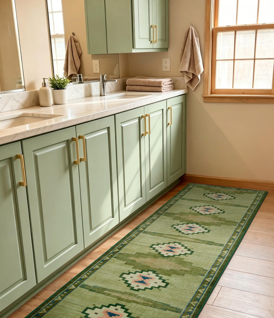 Washable Green Mid Century Modern Runner Rug