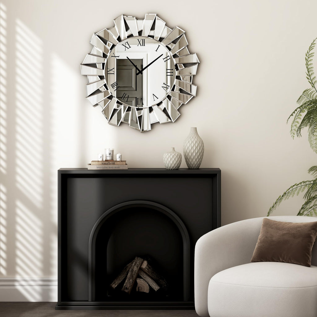 Silver Wall Clock, 24" Large Modern Mirror Clock