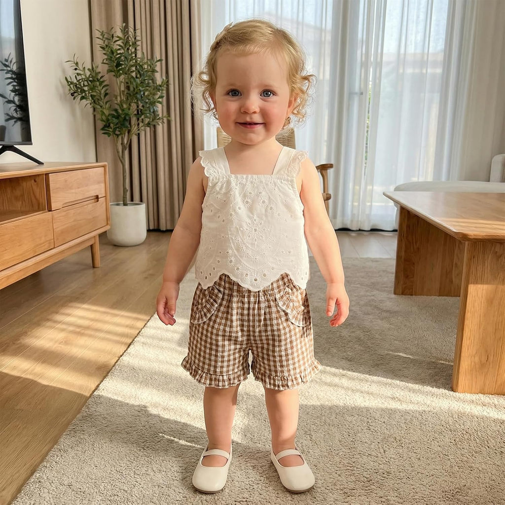 2Pcs Toddler Baby Girl Summer Outfits Sleeveless Lace Crop Top + Ruffle Plaid Shorts Clothes Set for Girls