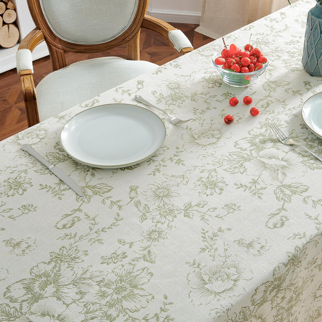 Green Floral Linen Blend Rectangle Table Cloth 52 x 70 Inch