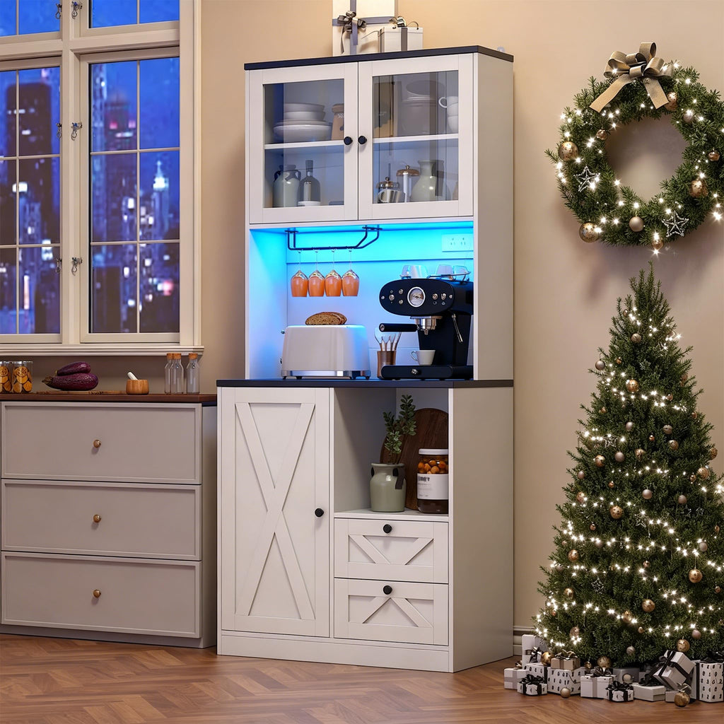 71" Tall Coffee Bar Cabinet with Storage Hutch, Farmhouse Kitchen Pantry Cabinet with LED Lights Microwave Stand and