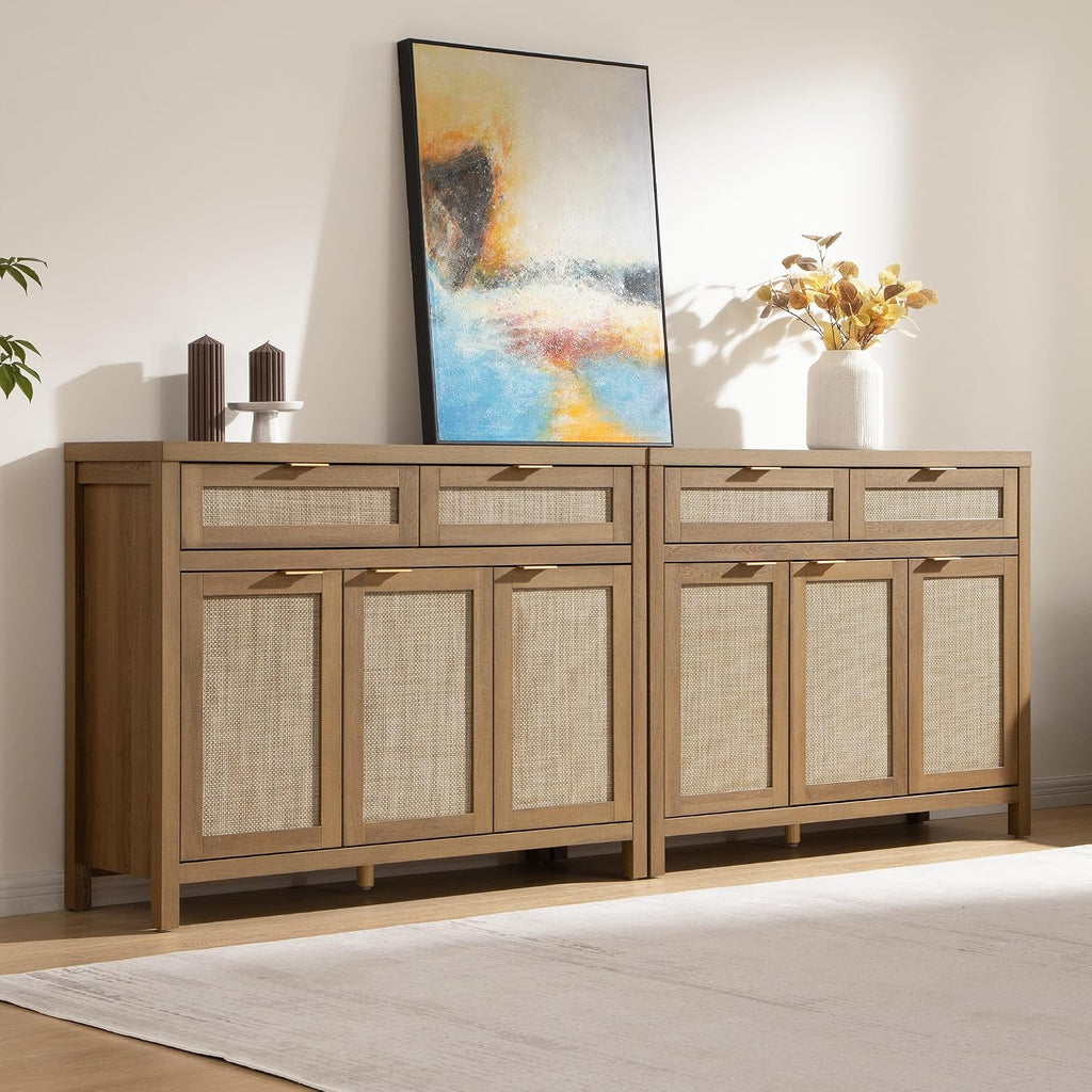 Rattan Sideboard Buffet Cabinet with Storage, Boho Credenza Accent | Storage Cabinet with 3 Doors and 2 Drawers