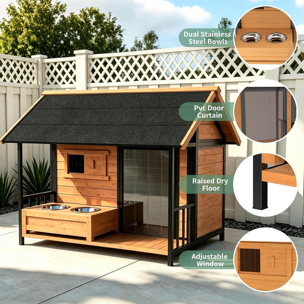 Large Dog House with Porch & Dog Bowls with Insulated Liner